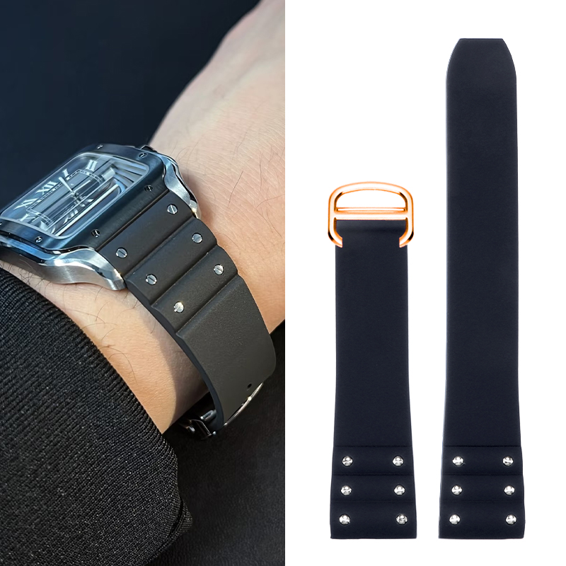Cartier Watch Tank - สายนาฬิกายางคุณภาพสูงสำหรับคาร์เทียร์ ซานโตสสายซิลิโคนสีดำสีฟ้าสายนาฬิกายางกันน้ำ 21 มม. หัวเข็มขัดแบบพับได้